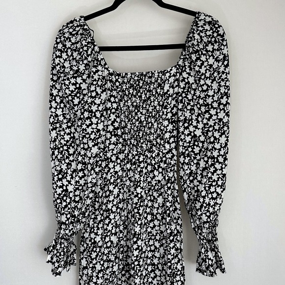 NWT & Other Stories Floral Square Neck Midi Dress Black White Double Puff Slit 2 - Picture 12 of 14